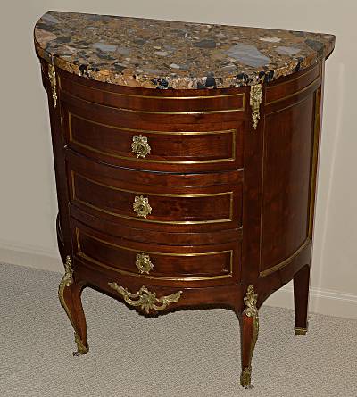 Very fine, French, Louis XVI period, bronze-mounted demi-lune commode