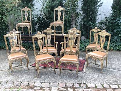 Set of ten fine, Venetian, Rococo style, painted and parcel-gilded dining chairs