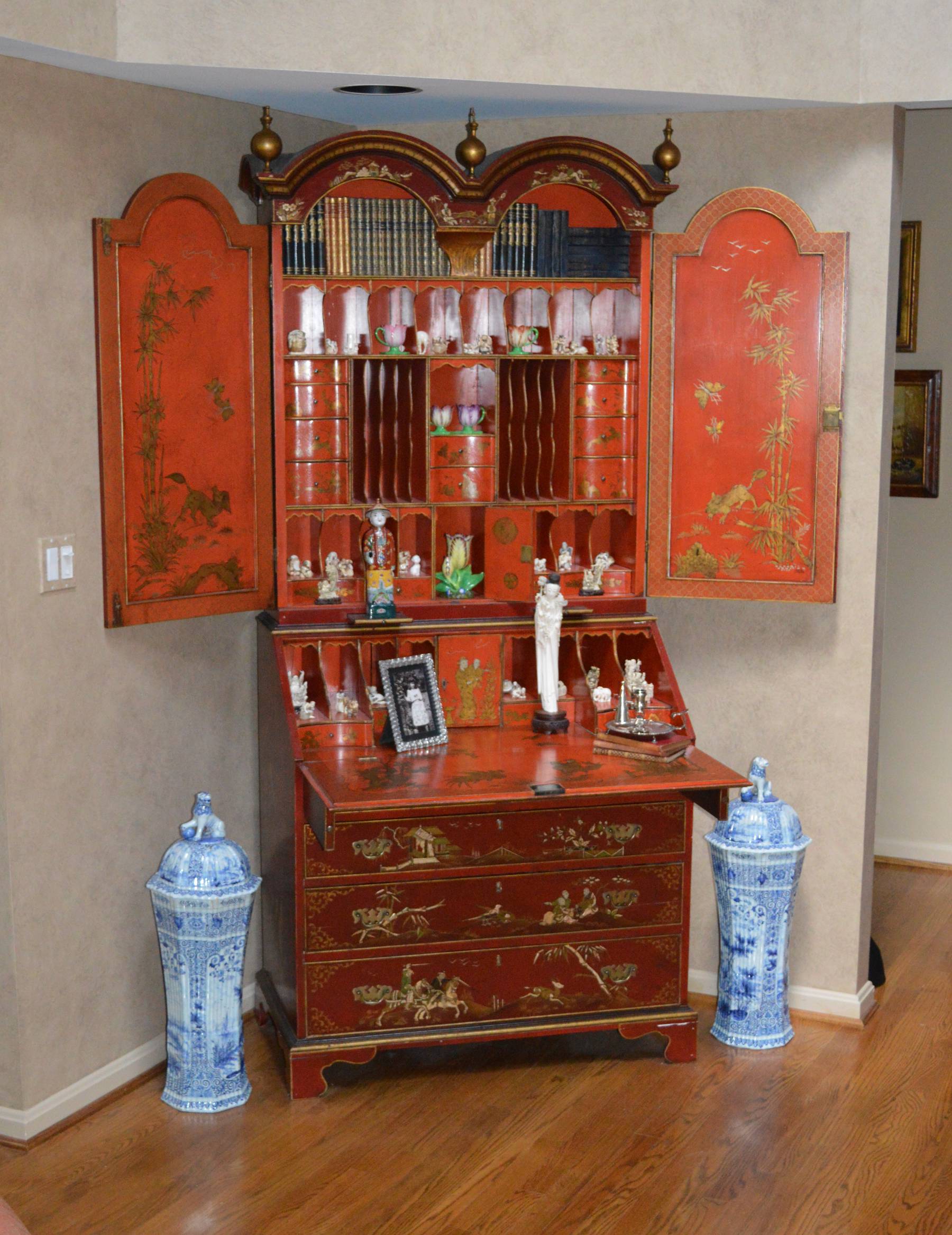 English, George I style, chinoiserie, fall-front secretary