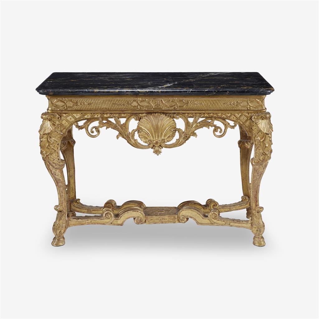 French Régence giltwood table with nero antico marble top