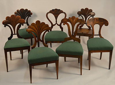 Assembled set of seven, Austrian, Biedermeier dining chairs