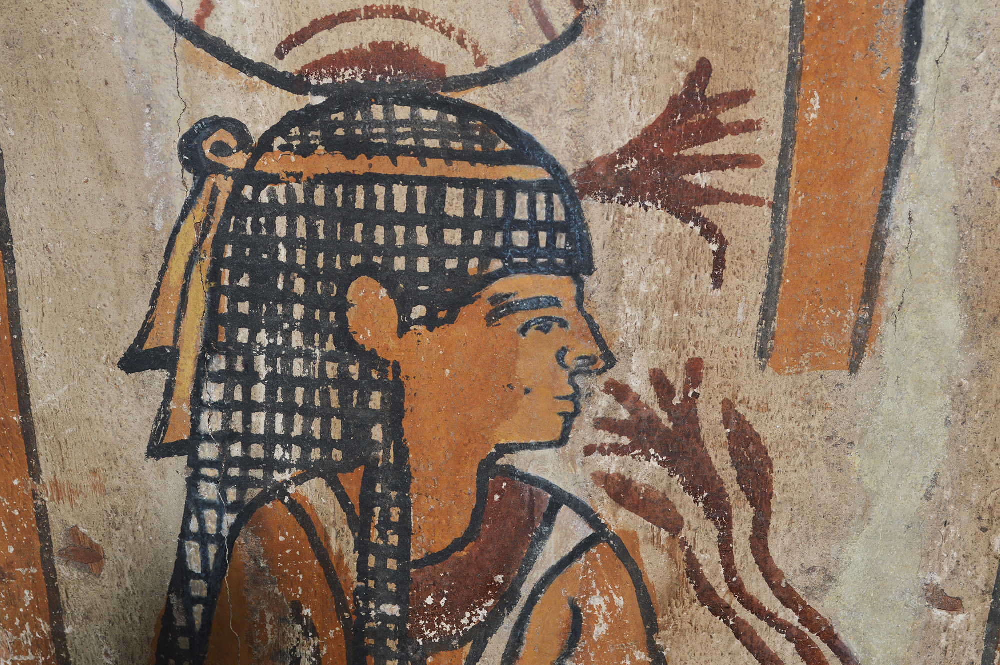 Egyptian, Ptolemaic Period, polychrome-painted wood sarcophagus panel