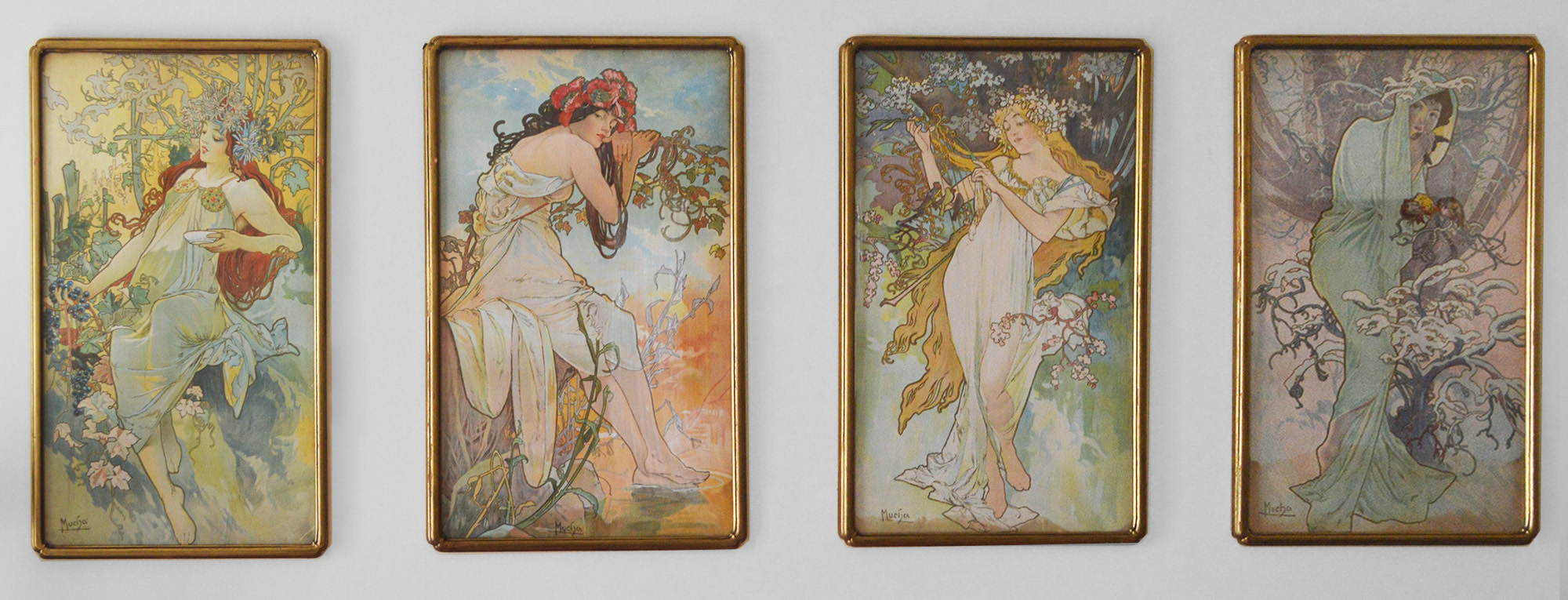 Set of four Art Nouveau period lithographs on fabric