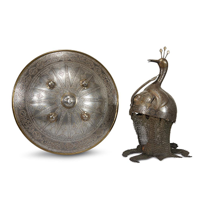 Quajar Silver and Gold-Overlaid Steel Helmet (Dahl) and Matching Shield (Khula Khud)