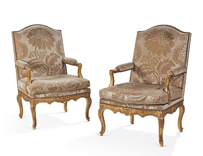 Pair of French, Regence period fauteuils a la Reine
