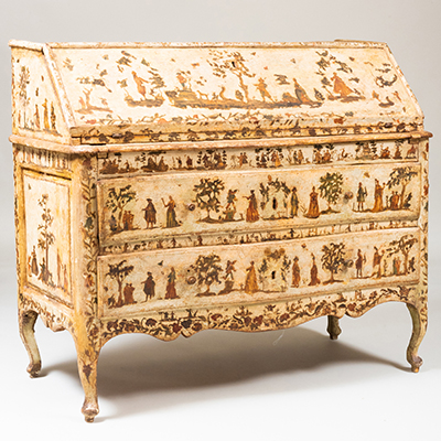 Exceptional, Venetian, Rococo period, Lacca Povera commode scriban