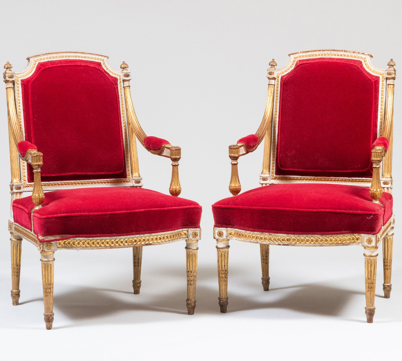 Pair of Louis XVI, Ormolu-Mounted, Carved, Painted and Parcel-Gilt, Velvet Upholstered Fauteuils à la Reine