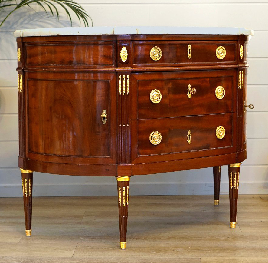French, Louis XVI period, demi-lune, bronze-mounted commode