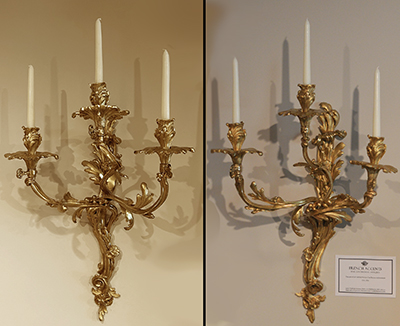 Pair of French, Rocaille style, three-arm sconces