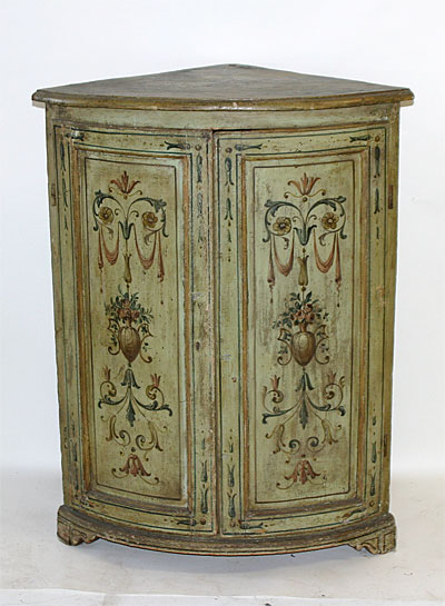 Pair of Italian, Neoclassical, painted corner cabinets