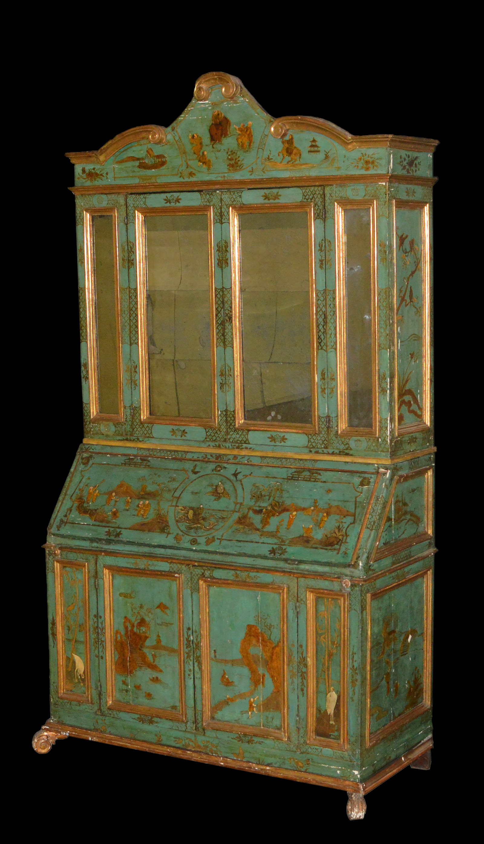 Italian, Baroque period, chinoiserie, painted and parcel-gilt secretaire bookcase