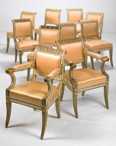 Set of ten Italian, neo-classical, cream painted and parcel gilt dining chairs