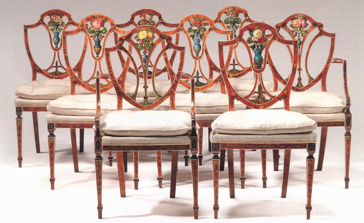 Fine set of eight George III, satinwood and painted dining chairs