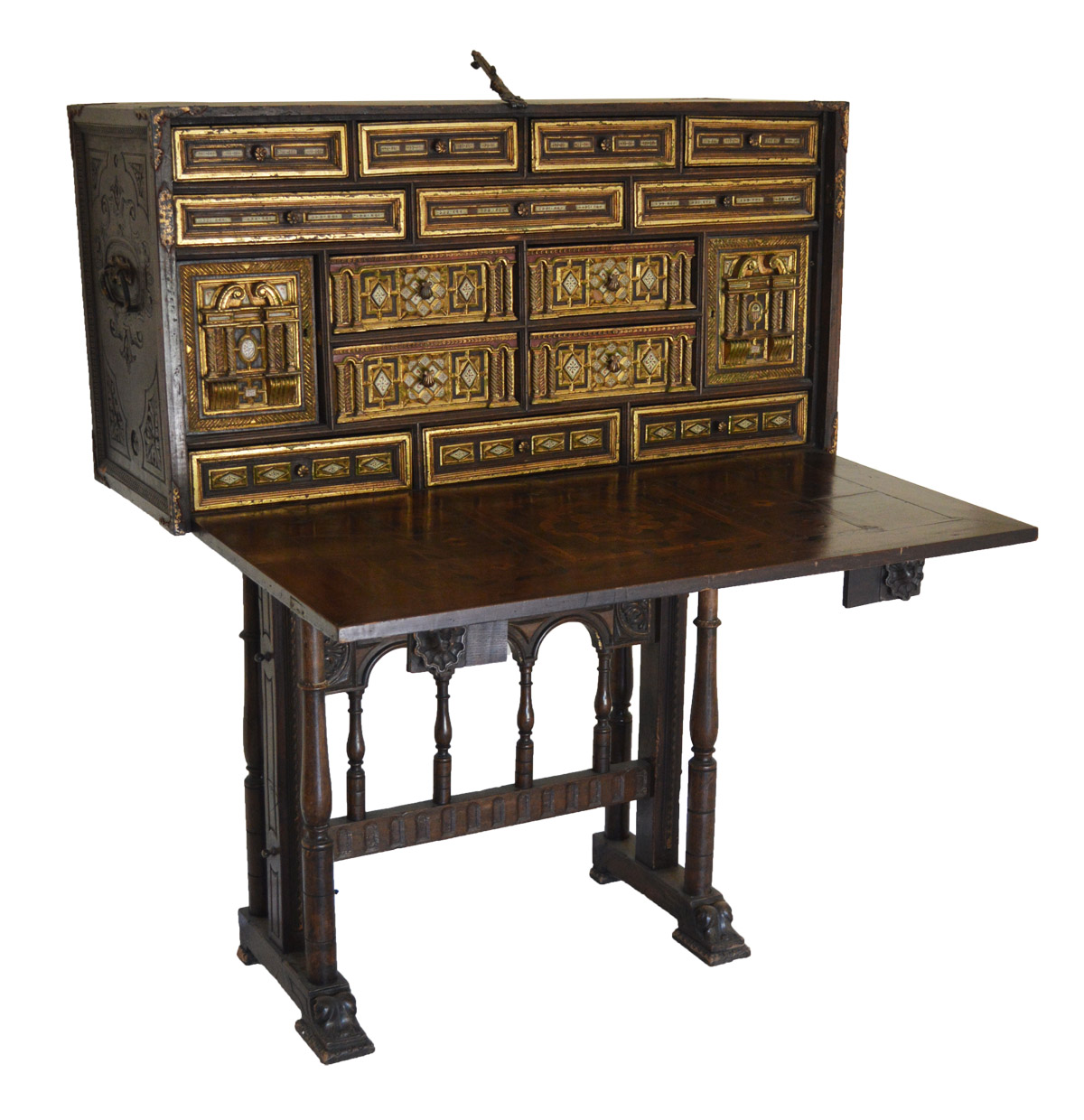 Spanish, iron-mounted, polychrome, parcel-gilt and bone-inlaid Vargueño (travelling trunk on stand)