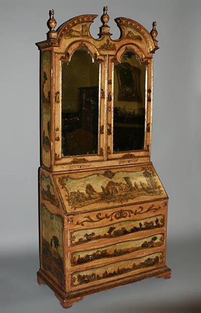 Fine, Italian, Rococo style, polychrome-painted and laca povera bureau bookcase