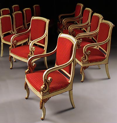 Set of twelve, fine, French Restauration, painted and parcel-gilded chairs