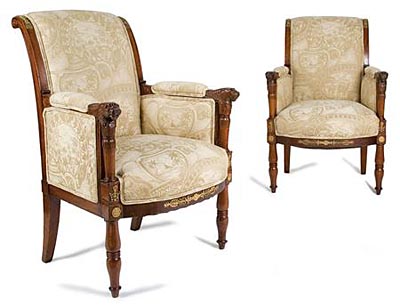 Pair of fine, French, Empire period, gilt-bronze mounted bergeres