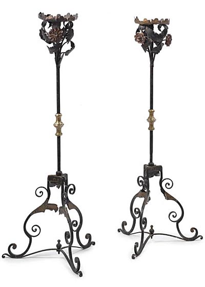 Pair of fine, Spanish, Baroque, wrought iron and brass torcheres
