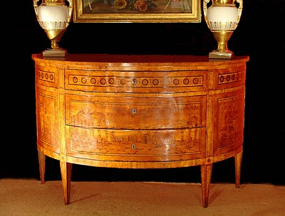 Very fine and rare Italian, Neo-classical period, Marquetry Inlaid, Demi-lune commode.