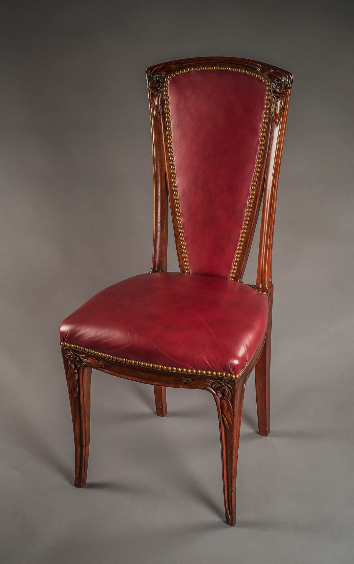Set of Eight French, Art Nouveau period tall-back dining chairs